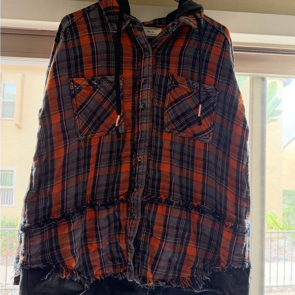 Free People Plaid Hooded Shirt with Frayed Hem
